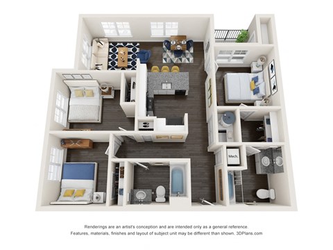 Floor plan for 3 beds, 2 baths, 1055 sqft